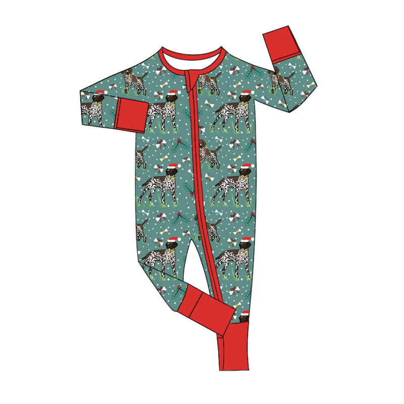 LR1768 Bamboo  Christmas Puppy Red and Green Zipper Long Sleeve Onesie