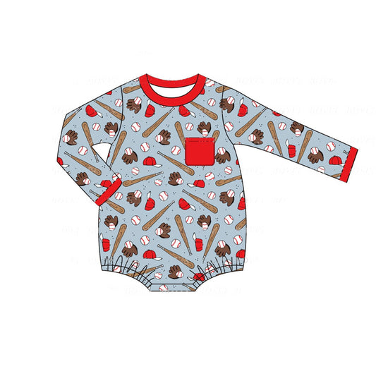 presale LR1769 Baseball Red Pocket Blue Long Sleeve Bodysuit 8.13
