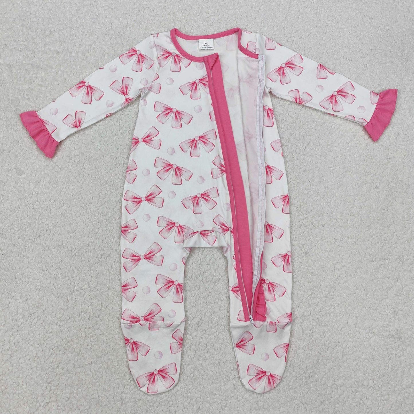 LR1770  White zip-up long-sleeved bodysuit with pink lace and bow pattern