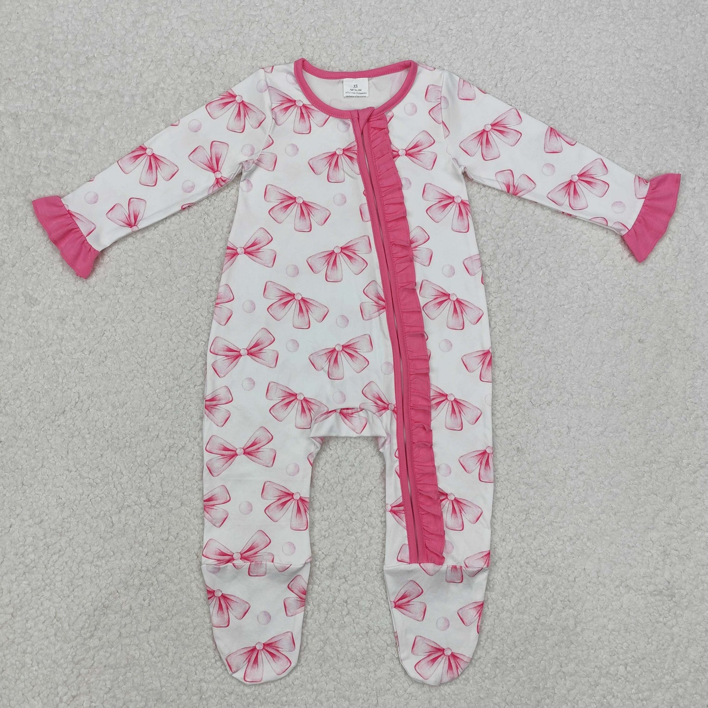 LR1770  White zip-up long-sleeved bodysuit with pink lace and bow pattern