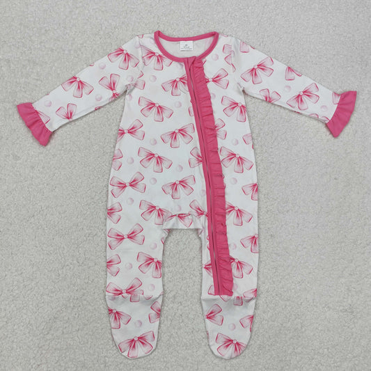 LR1770 White zip-up long-sleeved bodysuit with pink lace and bow pattern