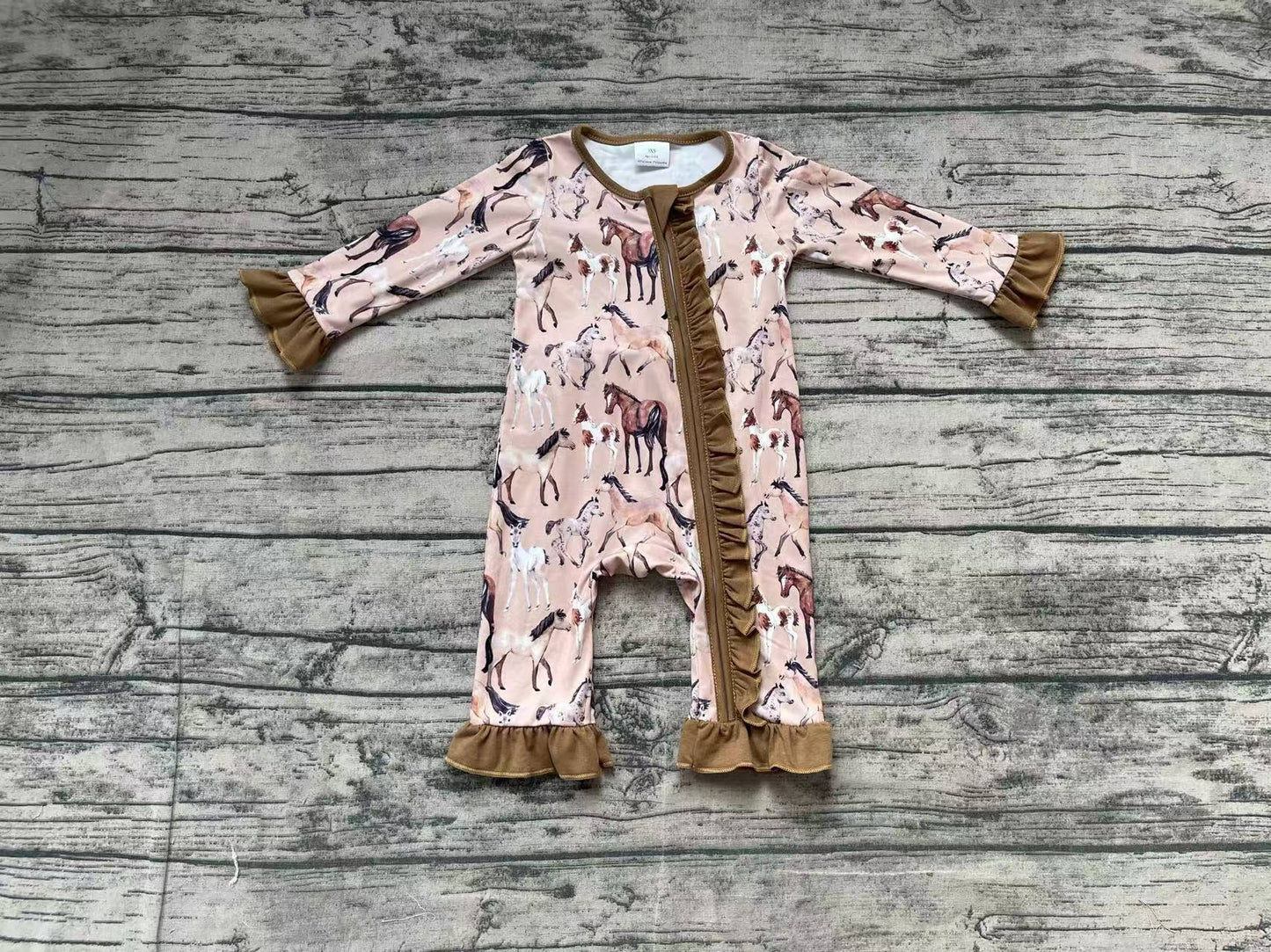 LR1771 Brown Horse Lace Zipper Long Sleeve Bodysuit