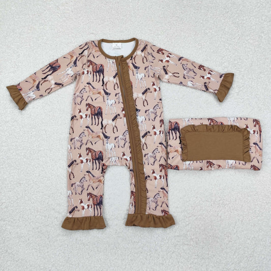 LR1771 Brown Horse Lace Zipper Long Sleeve Bodysuit