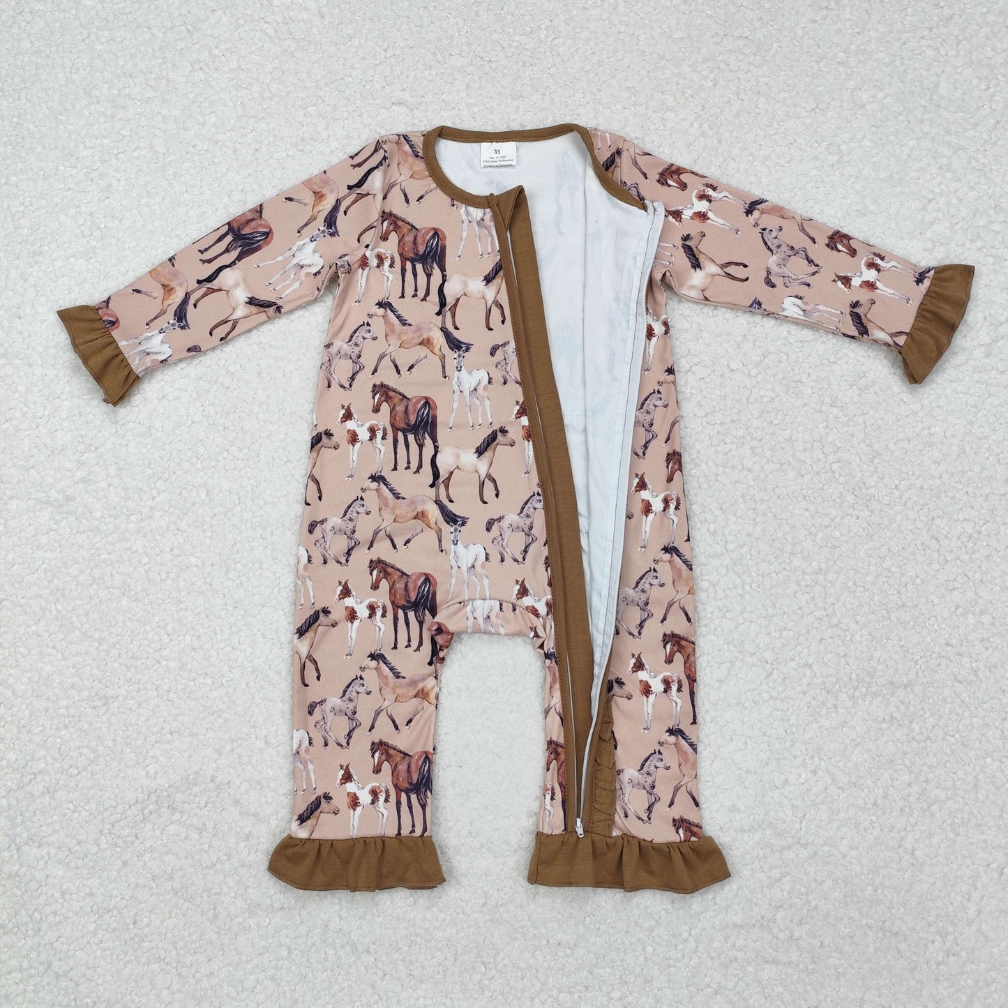 LR1771 Brown Horse Lace Zipper Long Sleeve Bodysuit