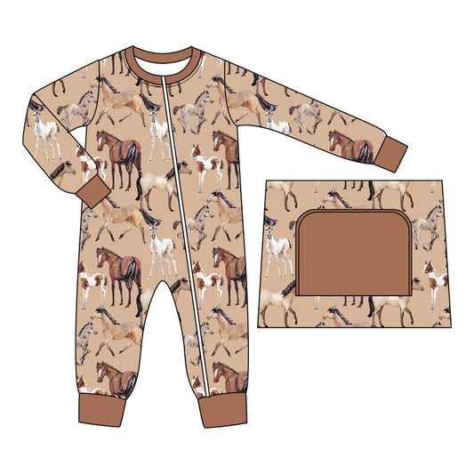 presale LR1772 Horse Brown Zipper Long Sleeve Bodysuit 8.14