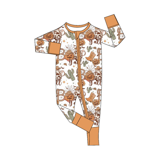 presale LR1778 Halloween Pumpkin Cactus Orange and White Zipper Long Sleeve Bodysuit 8.14