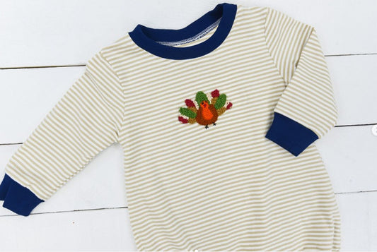 presale LR1780 Boys' turkey stripe navy blue trim long sleeve onesie 8.14