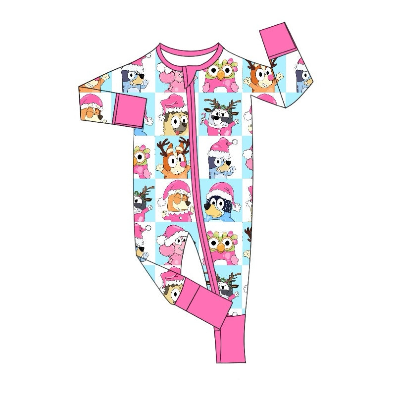 LR1783  Christmas Pink Trim Blue and White Plaid Zipper Long Sleeve Bodysuit