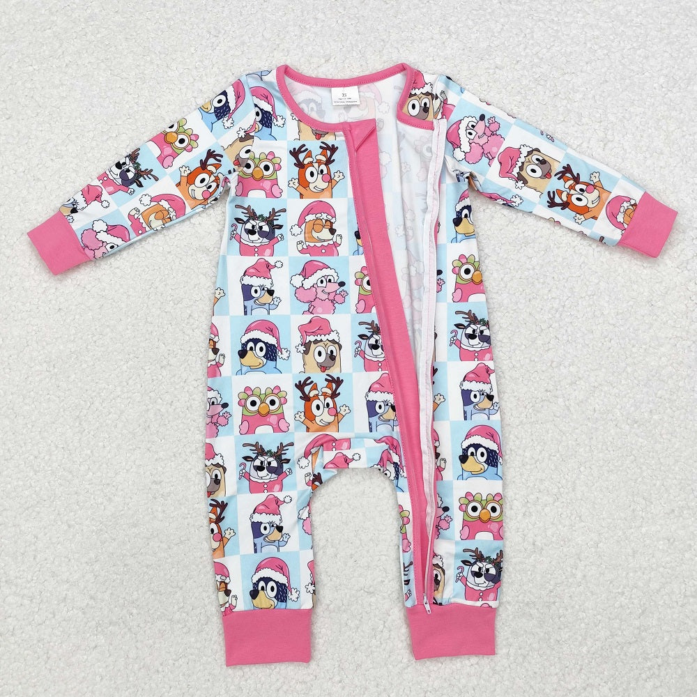 LR1783  Christmas Pink Trim Blue and White Plaid Zipper Long Sleeve Bodysuit