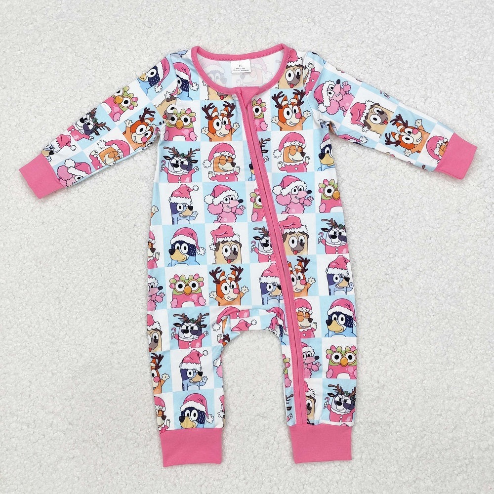 LR1783  Christmas Pink Trim Blue and White Plaid Zipper Long Sleeve Bodysuit