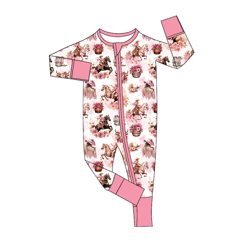 presale LR1786 Bull head riding flower pink zipper long sleeve jumpsuit   8.15