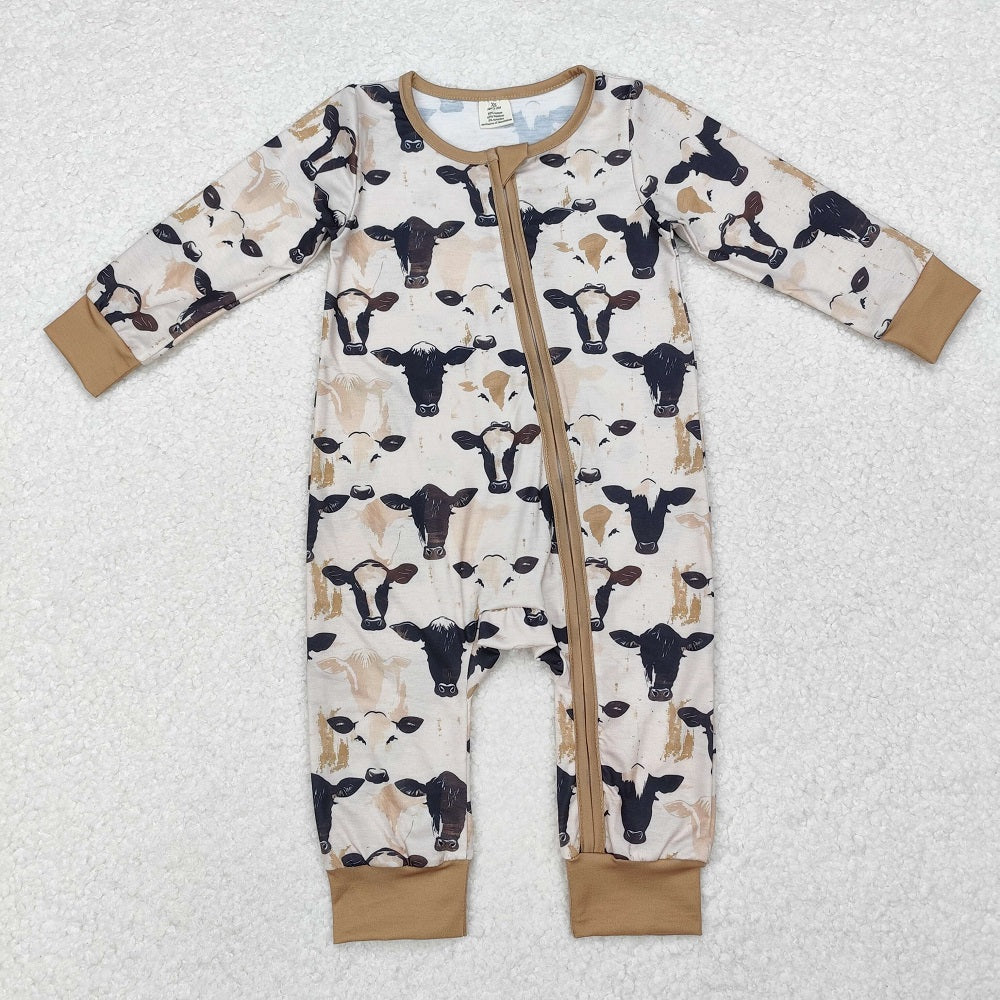 LR1799  Cow Brown Long Sleeve Zipper Long Sleeve Bodysuit