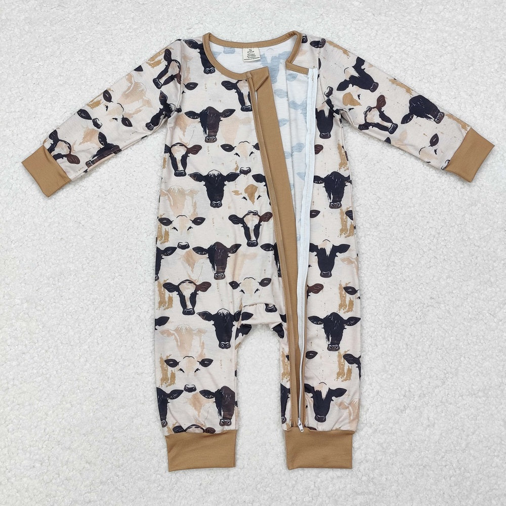 LR1799  Cow Brown Long Sleeve Zipper Long Sleeve Bodysuit