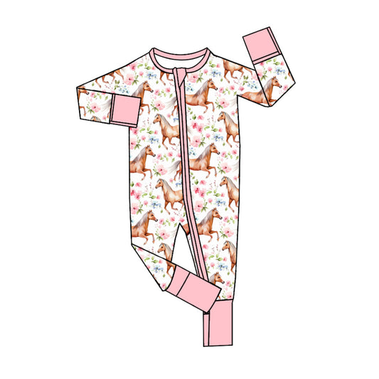 presale LR1808 Horse Flower Pink and White Zipper Long Sleeve Bodysuit   2024 8.19