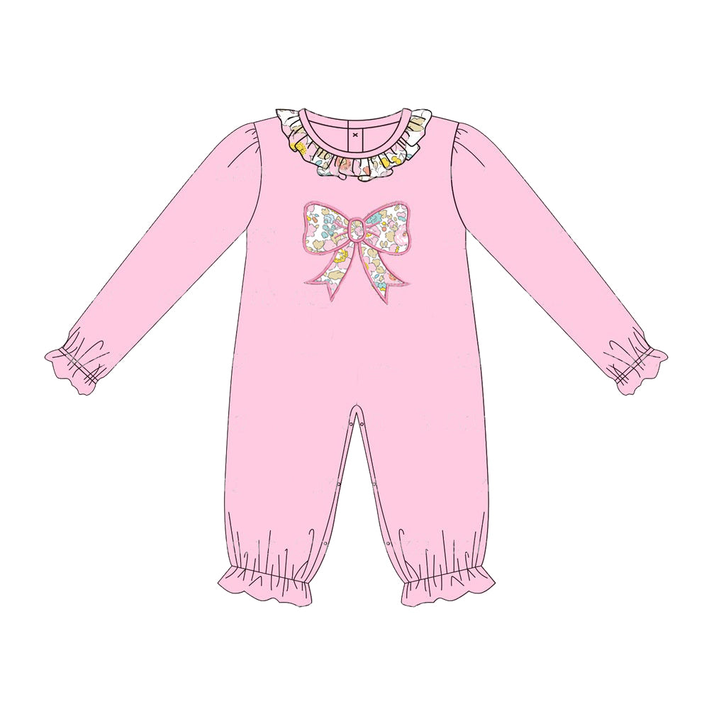 LR1812 Pink long-sleeved trousers suit with floral bow pattern