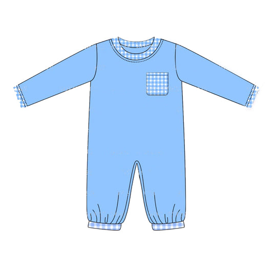 presale LR1814 Blue Plaid Pocket Long Sleeve Bodysuit 2024 8.21