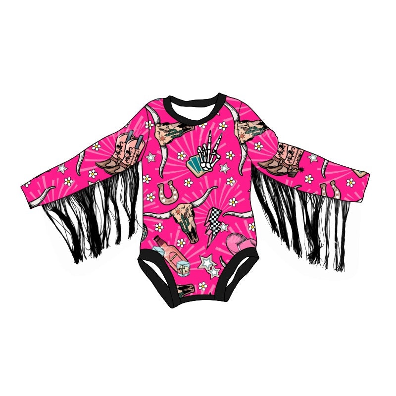 presale LR1823  Alpine Bull Head Cowboy Hat Boots Tassel Rose Red Long Sleeve Bodysuit 2024 8.24