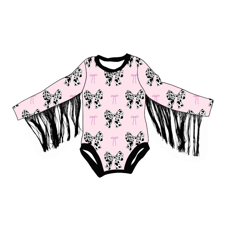 LR1824  Cow pattern bow pattern tassel pink and black long-sleeved jumpsuit  D 3.10