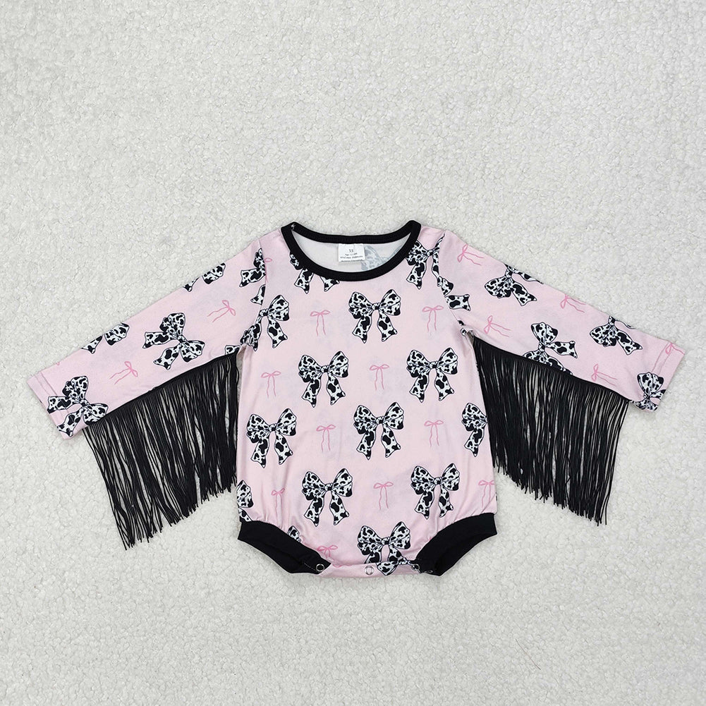 LR1824  Cow pattern bow pattern tassel pink and black long-sleeved jumpsuit  D 3.10