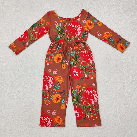 LR1834 Brown long-sleeved bodysuit with pockets and flowers and leaves