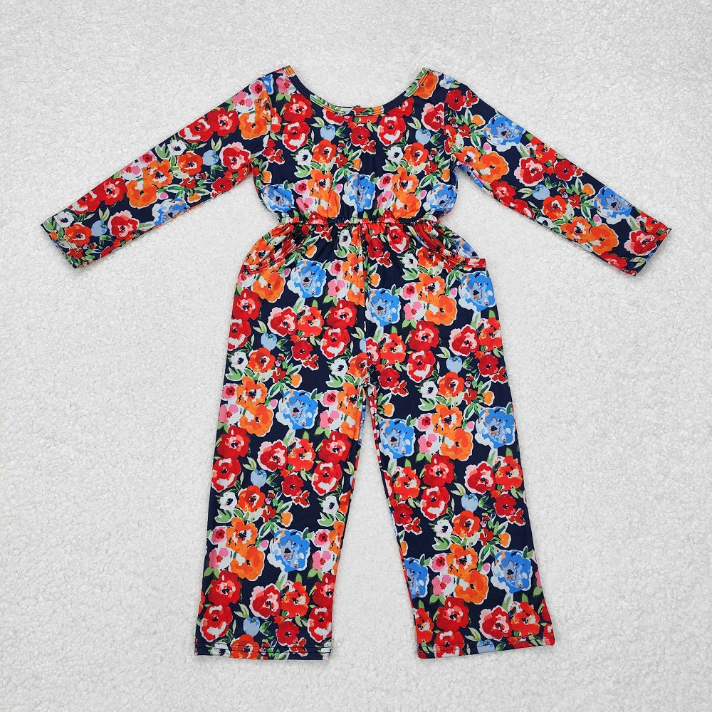 LR1836  Pocket red orange flower blue long sleeve jumpsuit