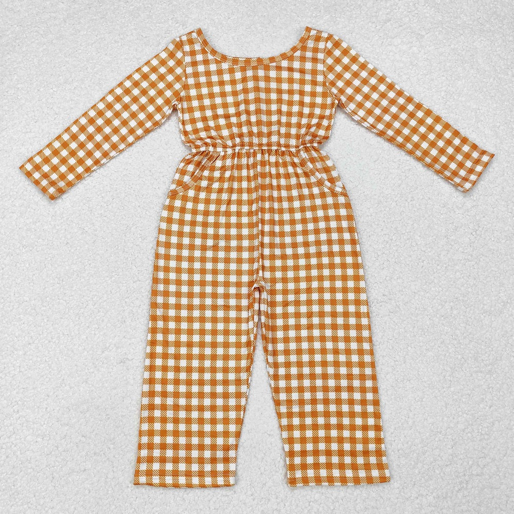 LR1840  Orange Plaid Long Sleeve Bodysuit with Pockets