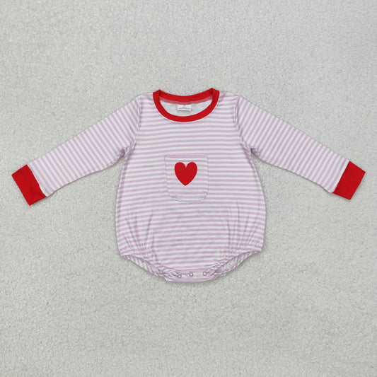 LR1855 Baby Infant Girls Pink Stripes Heart Pocket Long Sleeve Rompers