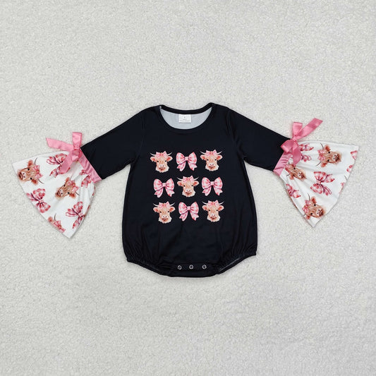 LR1871 Pink plaid bow bull head black long-sleeved jumpsuit