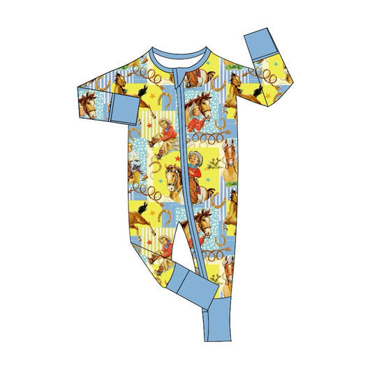 presale LR1889 Horse Riding Boys Yellow Blue Zipper Long Sleeve Bodysuit 2024 9.2