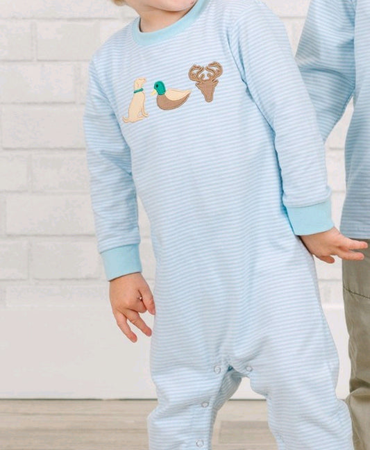 presale LR1895 Puppy Duck Elk Blue Striped Long Sleeve Onesie 2024 9.3