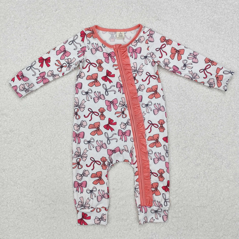 LR1905 Bamboo White Zippered Long Sleeve Bodysuit with Bow