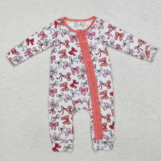 LR1905 Bamboo White Zippered Long Sleeve Bodysuit with Bow