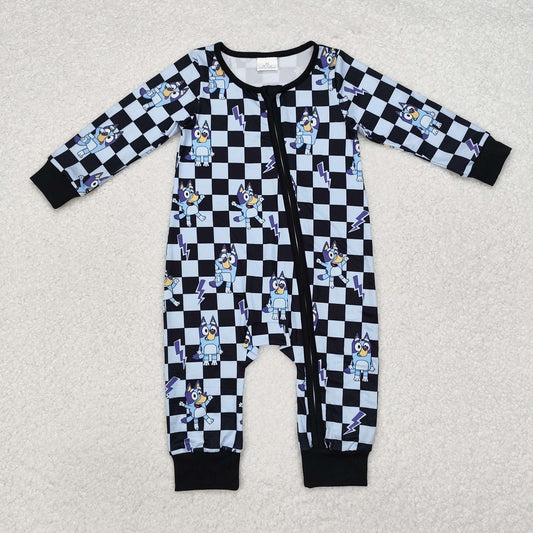 LR1910 Cartoon blue and black plaid zipper long-sleeved jumpsuit