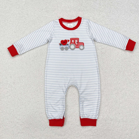 LR1924 Heart Tractor Stripe Red Trim Long Sleeve Bodysuit