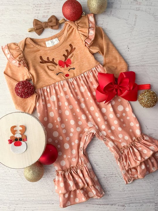 presale LR1932 Christmas Reindeer Polka Dot Brown Long Sleeve Bodysuit  2024 9.9