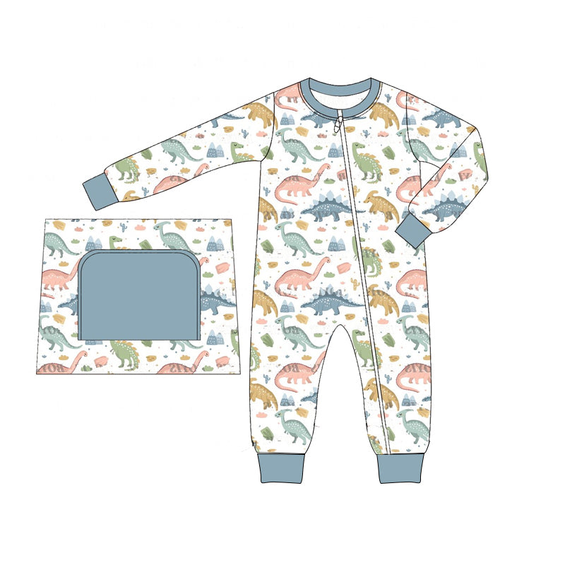 presale LR1938  Dinosaur Blue and White Zipper Long Sleeve Bodysuit  2024 9.9