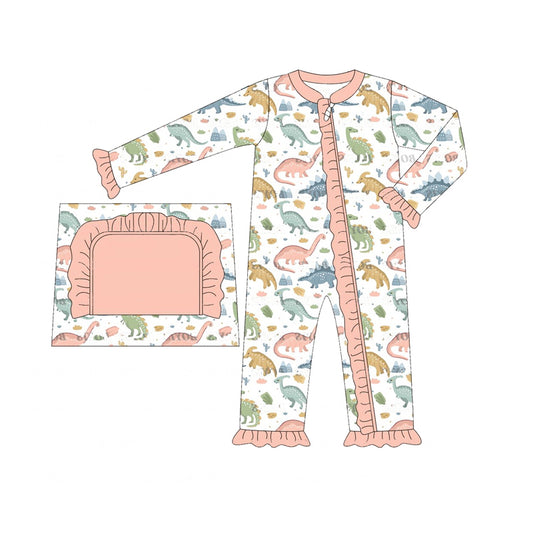 presale LR1939  Dinosaur Lace Pink and White Zipper Long Sleeve Bodysuit  2024 9.9