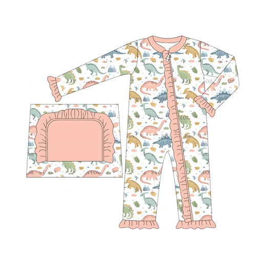 presale LR1939 Dinosaur Lace Pink and White Zipper Long Sleeve Bodysuit 2024 9.9