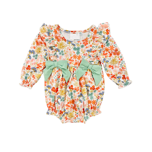 presale LR1940 White long-sleeved bodysuit with green bow and dandelion flowers  2024 9.9