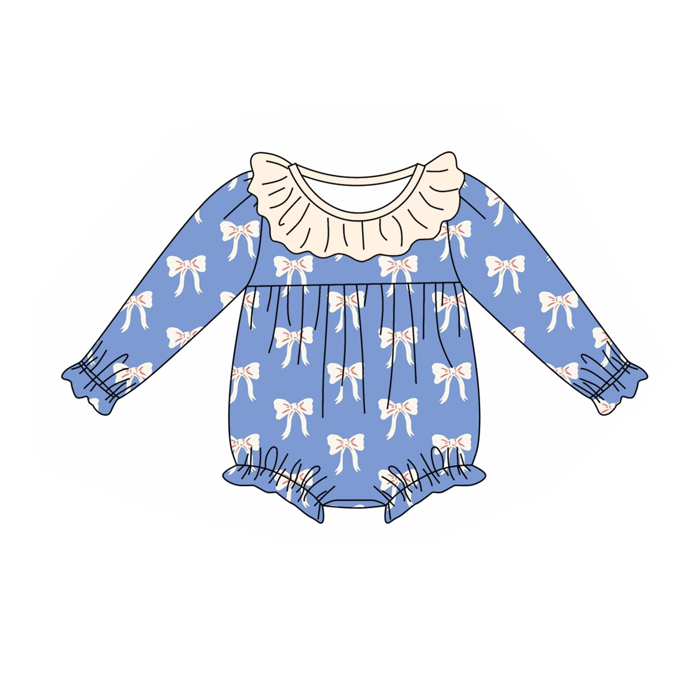 LR1941  Beige and blue long-sleeved bodysuit with bow pattern