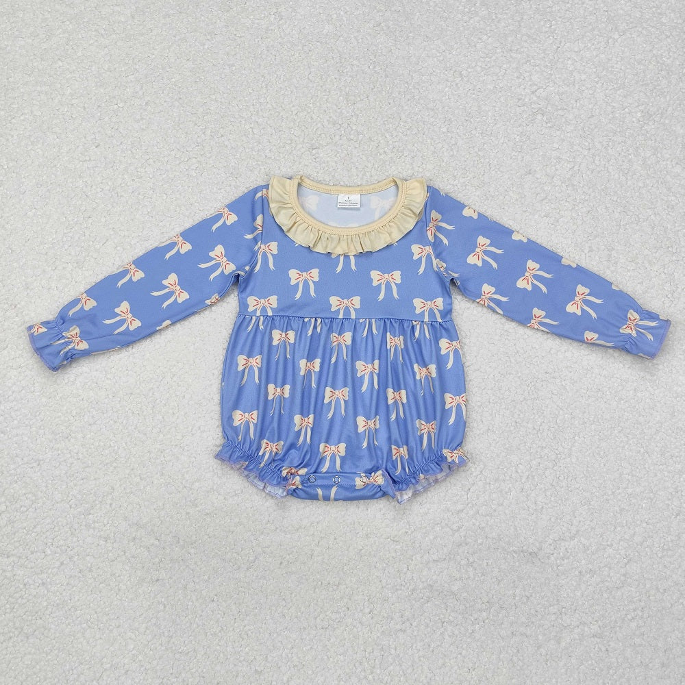 LR1941  Beige and blue long-sleeved bodysuit with bow pattern