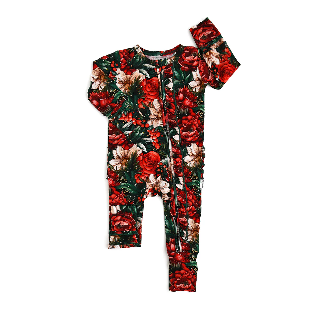 presale LR1961 Christmas Flower Leaves Red and Green Zipper Long Sleeve Bodysuit 2024 9.13