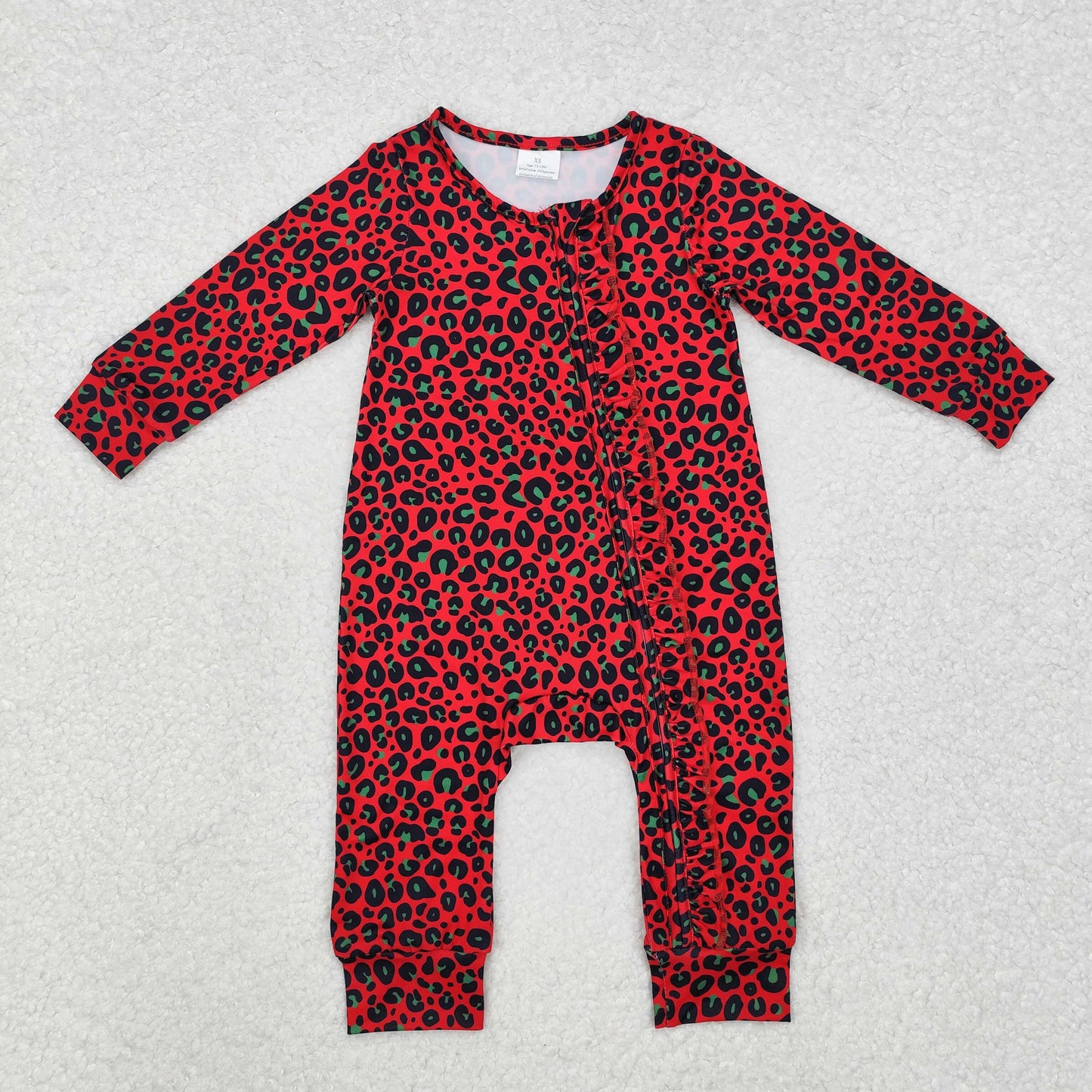 LR1962 Black green leopard print red lace zipper long sleeve jumpsuit