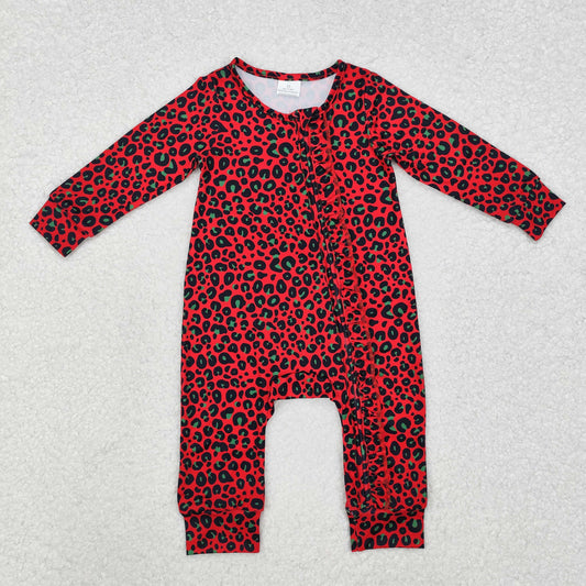 LR1962 Black green leopard print red lace zipper long sleeve jumpsuit