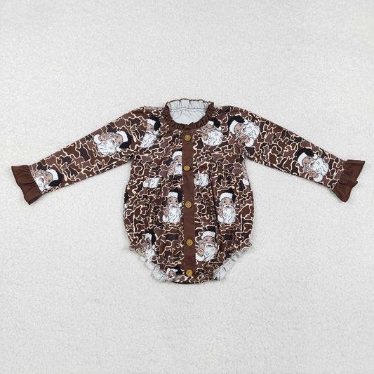 LR1971 Santa Brown Lace Button Camouflage Long Sleeve Bodysuit