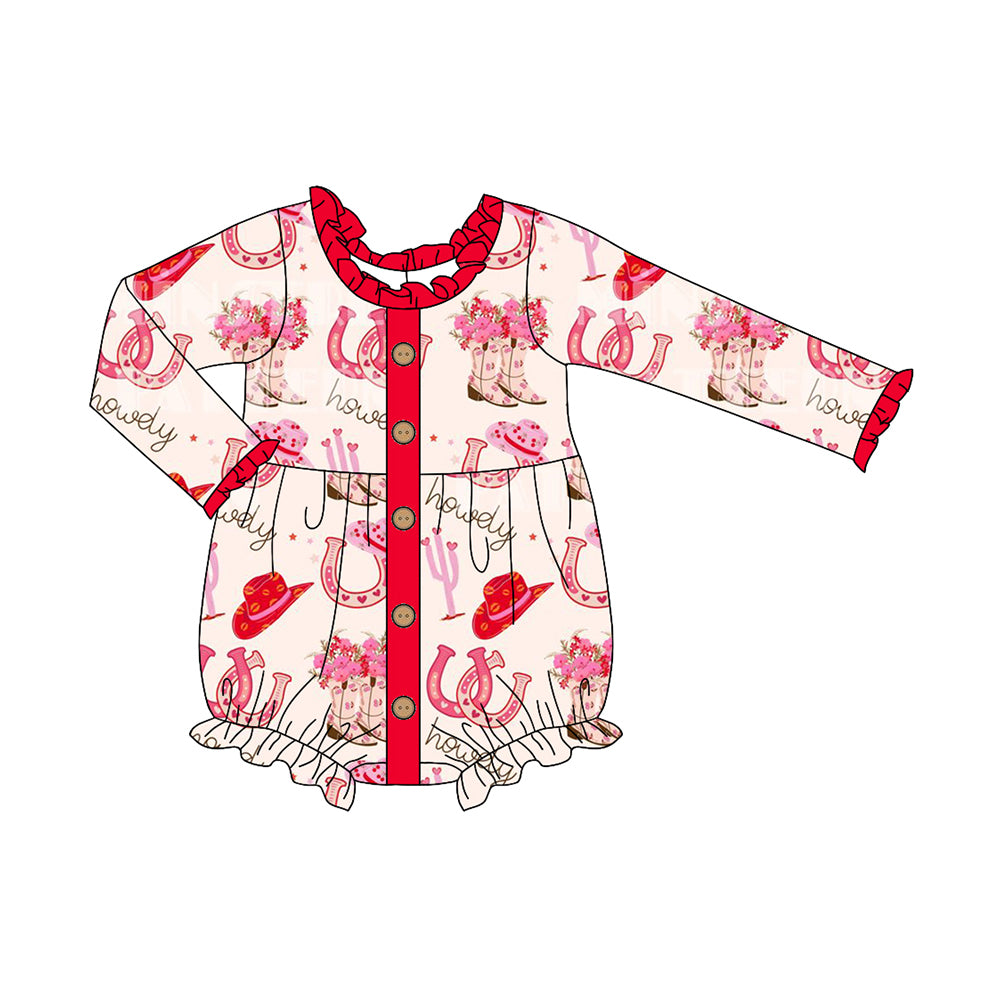 presale  LR1979  Cowboy Boots Floral Red Lace Button Long Sleeve Bodysuit   2024 9.14