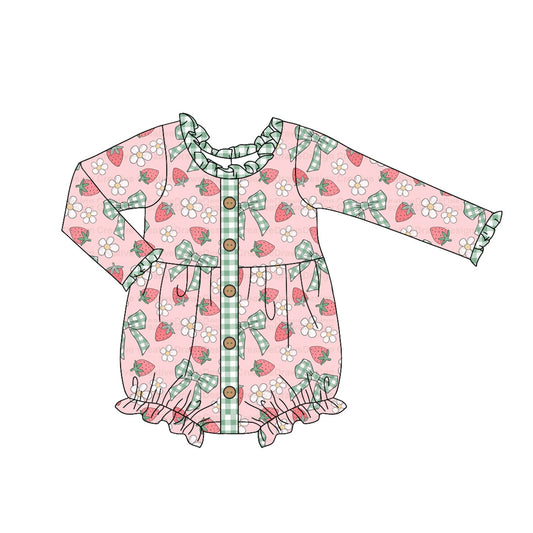 presale LR1981 Bow pattern strawberry flower green plaid lace button pink long sleeve jumpsuit 2024 9.14
