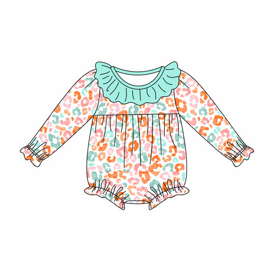 presale LR2001 Colorful leopard print teal lace white long-sleeved jumpsuit 2024 9.18