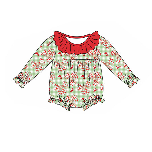 presale LR2004 Christmas Bow Pattern Red Lace Green Plaid Long Sleeve Bodysuit   2024 9.18