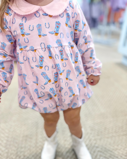 LR2013 Pink long-sleeved bodysuit with boots and baby doll collar